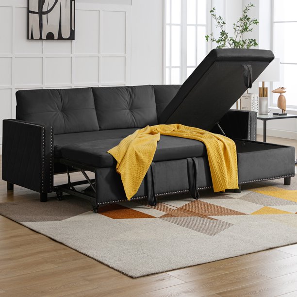 Mixoy Velvet Reversible Pull Out Sofa Bed with Large Chaise Storage,91