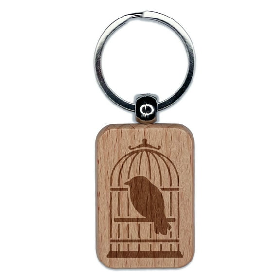 Pet Wire Bird in Birdcage Rectangle Keychain Charm Tag - Engraved Wood