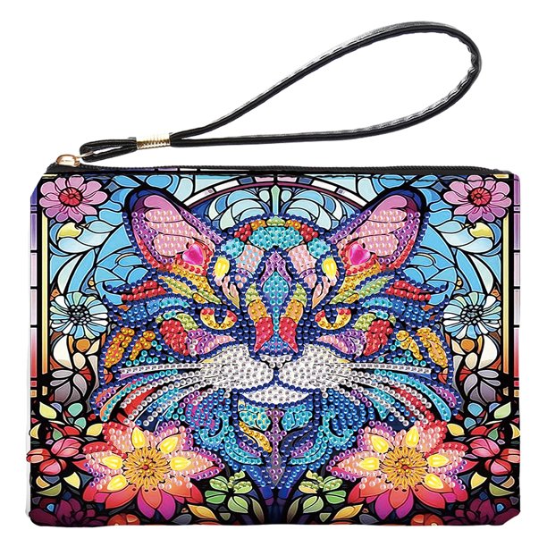 (BYB060) Bolso Mano Con DIY Gato Flores Cosméticos Almacenamiento Cristal Diamante Parcial Diamante Forma Especial