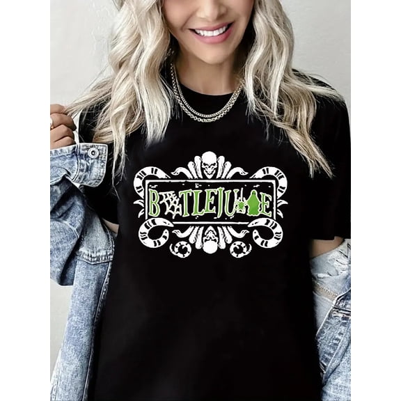 Halloween Tshirt Beetle Juice Letter Print Short Sleeve Shirt for Women