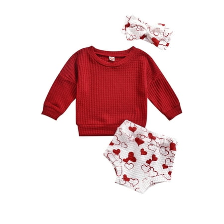 

BrilliantMe Toddler Baby Girls 3Pcs Outfit Sets Wine Red Long Sleeve Tops + Heart Print PP Shorts + Bowknot Headband 6-12 Months