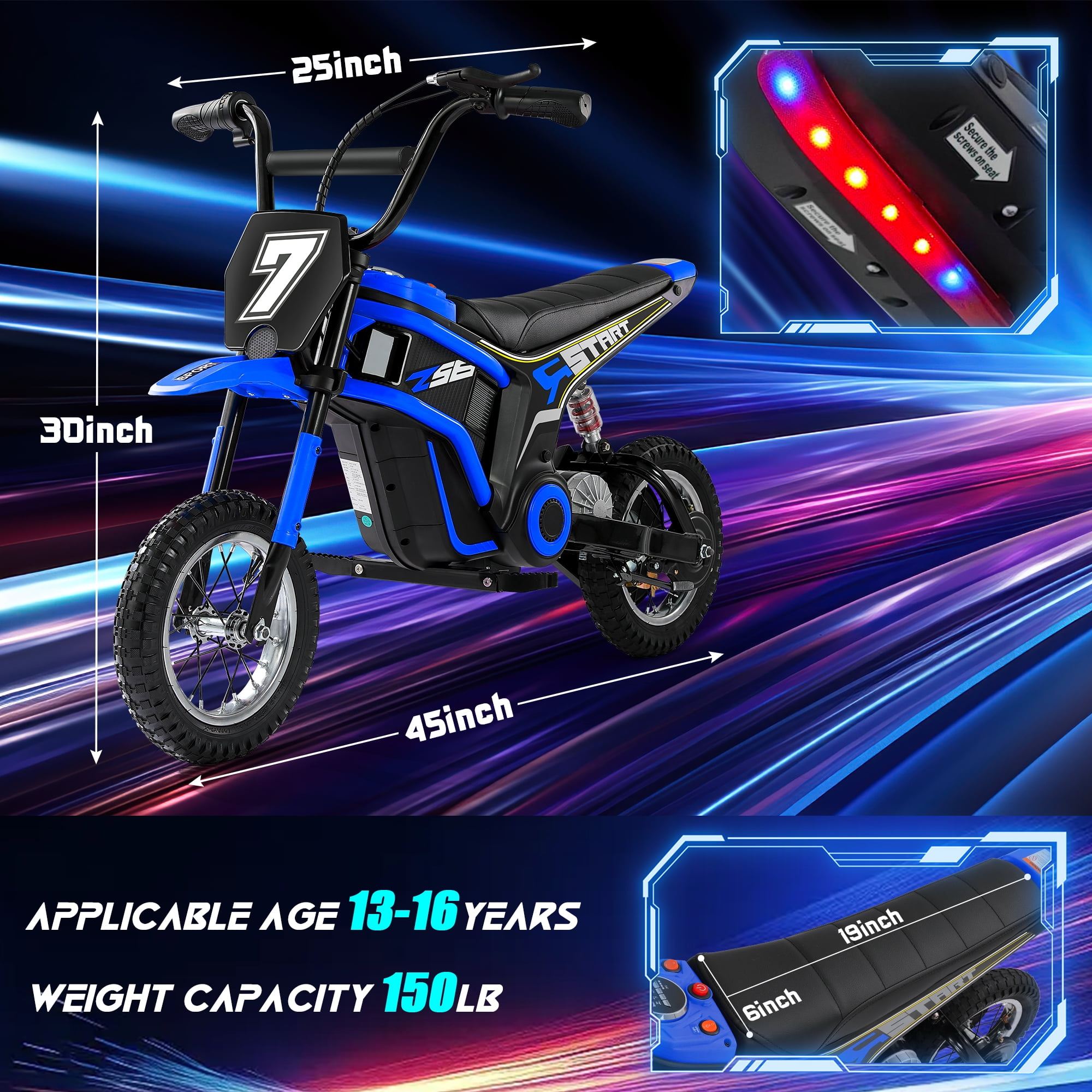 24V Dirt Bike,Neche 250W Electric Powered Motorcycle,Ride on Dirt Rocket with Shock Absorption Suspension for Kids Age 13+,Blue