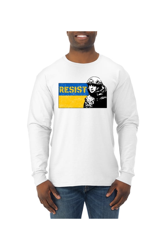 Support Ukrainian Flag Zelensky RESIST Mens Long Sleeve Shirt, White, Small