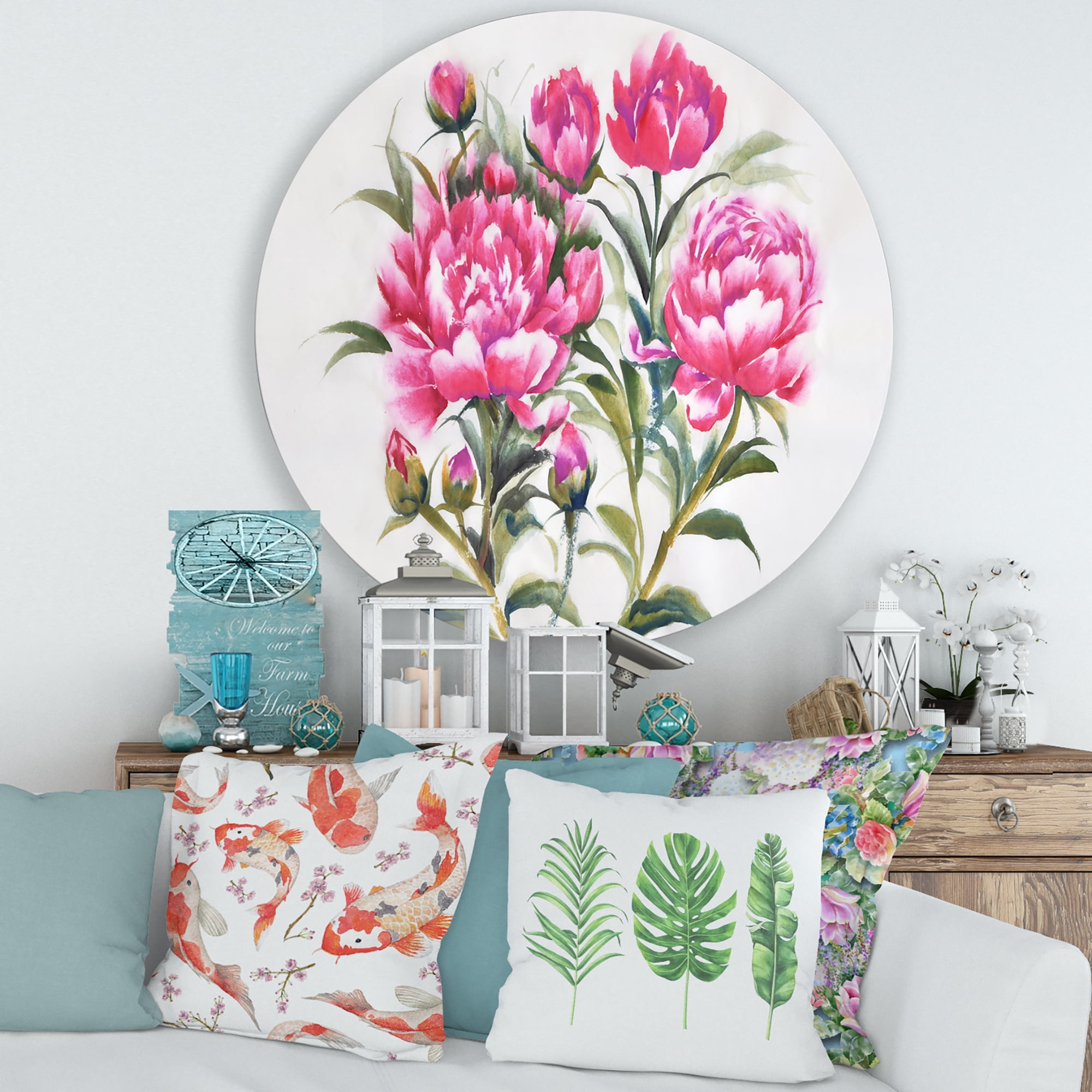Designart 'Purple Peonies Flowers' Traditional Circle Metal Wall Art 29x29 - Disc of 29