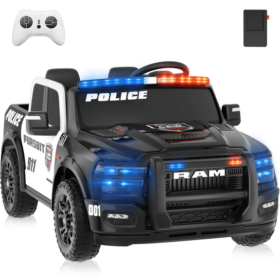 HHVEL 24V 2 Seater Ride on Cars for Kids, Licensed Ram 2500 Electric Police Truck with Remote Control, Siren, Megaphone, Flashing Lights, Black