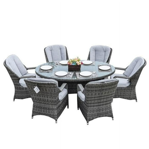 Direct Wicker PAD-1713-Grey 7 Piece 6 Seat Outdoor Garden Lamao Rattan Oval Dining Table and Chairs Set
