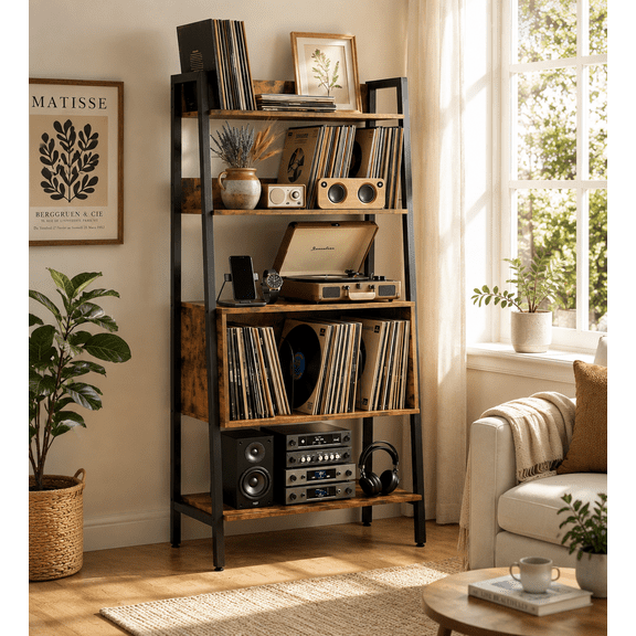 Guqiart 63" 5-Tier Record Player Stand with Record Storage, Turntable Stand with Charging Station, Large Album Organizer Rack Holds 350 Records, Industrial Metal Frame Open Floor Standing Bookshelf.