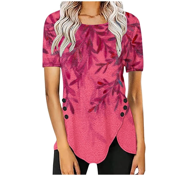 Blusas de Manga Corta para las Mujeres Botón Impreso Cuello Redondo Top Casual, Blusas para las Mujeres Casual