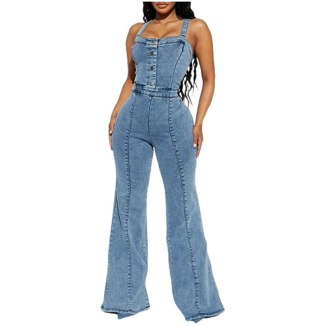 AherBiu Denim Jumpsuits for Women Suspenders Sleeveless Button Square Neck Bell Bottom Jeans Rompers