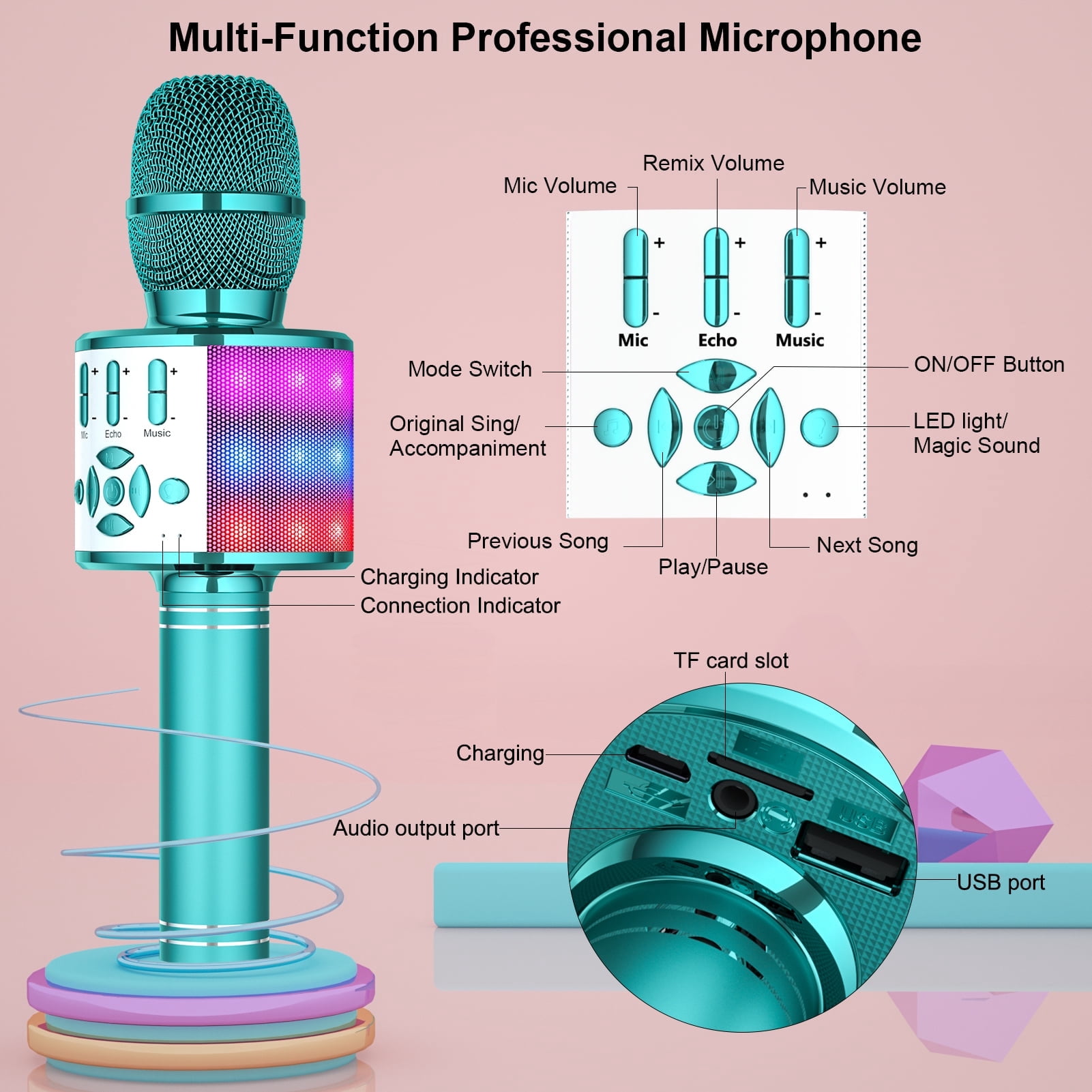 Wireless Karaoke Microphone for Kids, Portable Handheld Karaoke Machine with LED Lights, Children's Day Birthday Gift for Girls Boys (Light Blue)