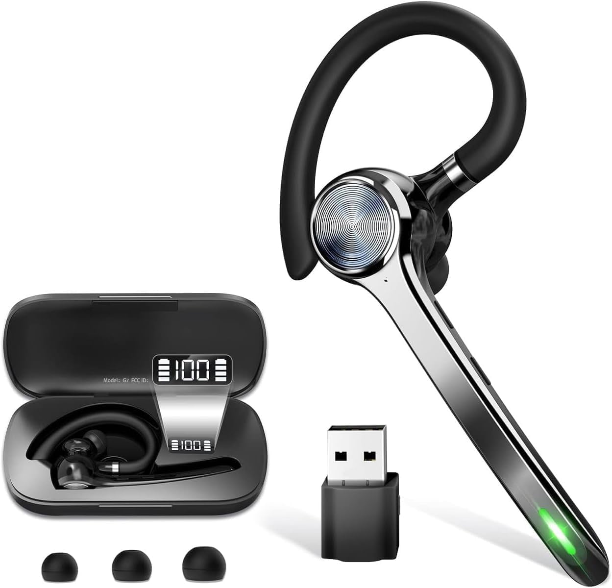 Bluetooth Headset, Wireless Bluetooth Earpiece with 500mAh Charging Case 72 Hours Talking Time Built-in Microphone for iOS Android Cell Phone, Hand-Free Headphones for Trucker, Office-Blue