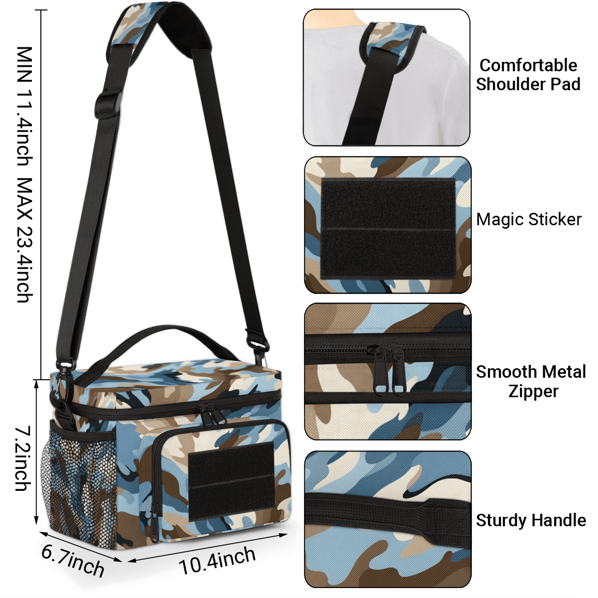 Water-Resistant Tactical Lunch Bag，0.4 Inch Insulated Meal Prep Bag with Removable Strap & Pouch,Camouflage Cooler Bag for Work,Gym,or Outdoor