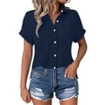 thumbnail image 2 of KIHOUT Women's Crinkle Gauze Button-Down Shirt Short Sleeve Rolled Cuff Split Hem Casual Cotton Blouse, 2 of 7