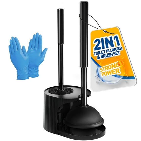 Propuri 2 in 1 Toilet Brush and Plunger Set, Extended Handle Plunger,Toilet Bowl Brush Plunger Set,Clean Gloves,Cleaning Tools,Cleaning Brush,Cleaning Supplies,Toilet Brush Plunger Combo,Black
