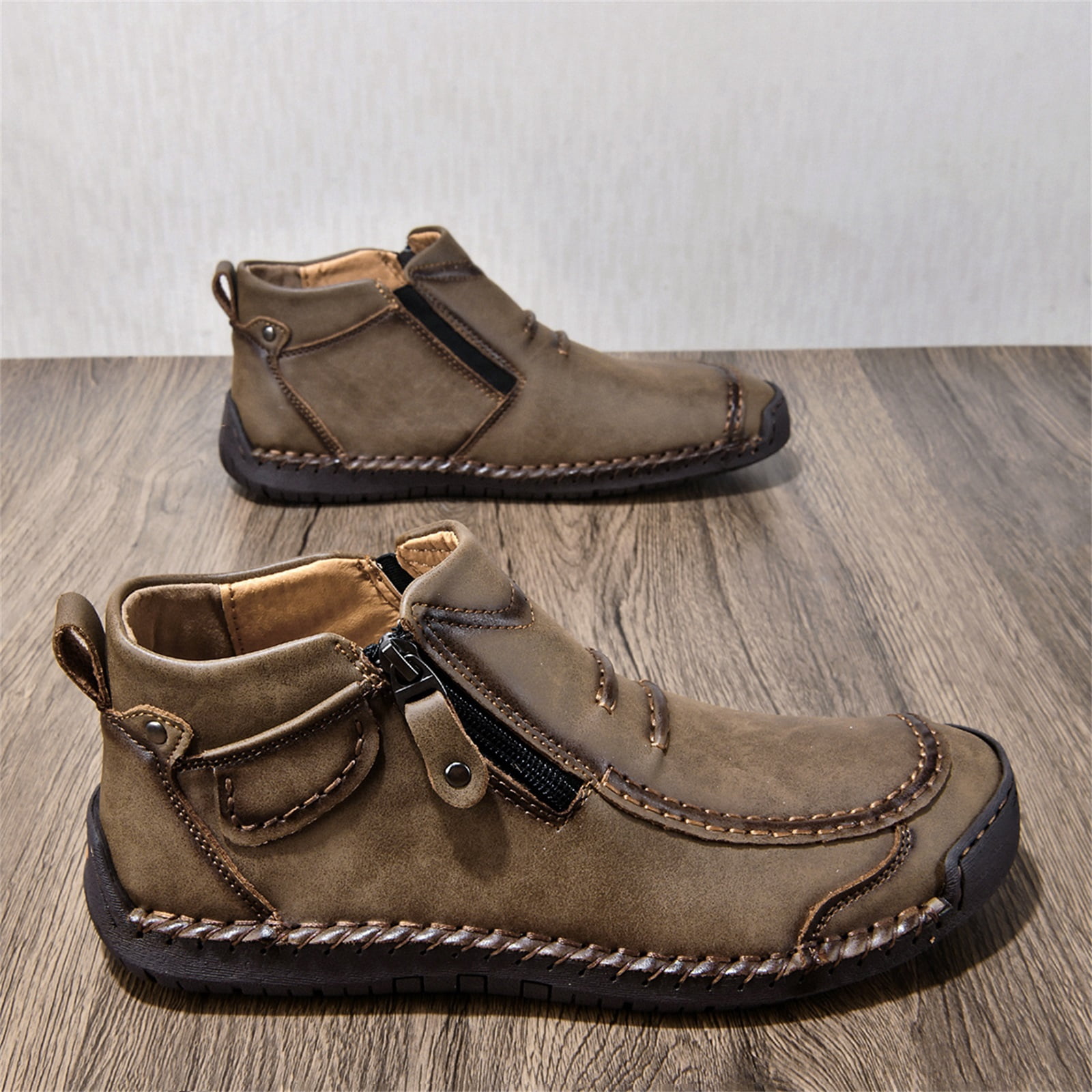 HTHLVMD Driving Shoes for Men, Men’S Slip-On Orthopedic Leather Boots,Men’S Handmade Premium Leather Slip-On Driving Boots,Men Side Zipper Orthopedic Shoes for Driving Hiking, Khaki 8