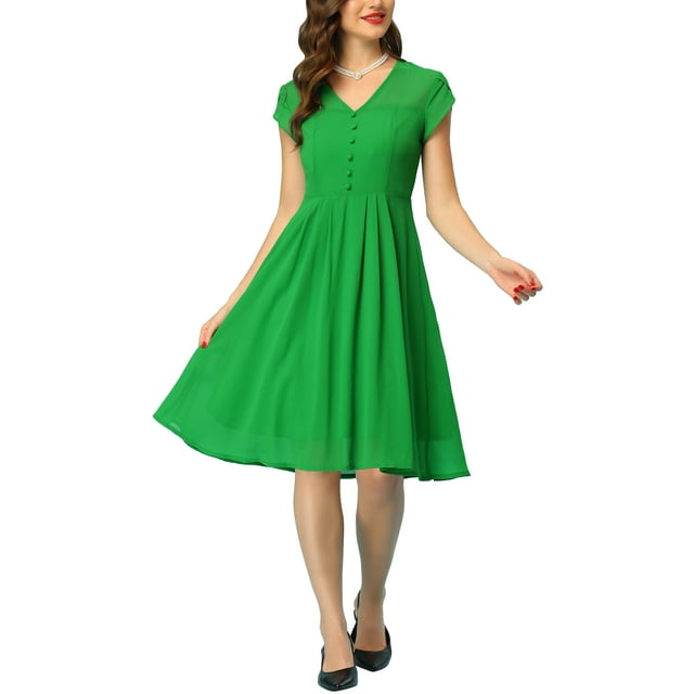INSPIRE CHIC Robe Vintage en Mousseline pour Femme, Décor de Boutons, Manches Cap, Élégante Robe de Bureau, L Vert