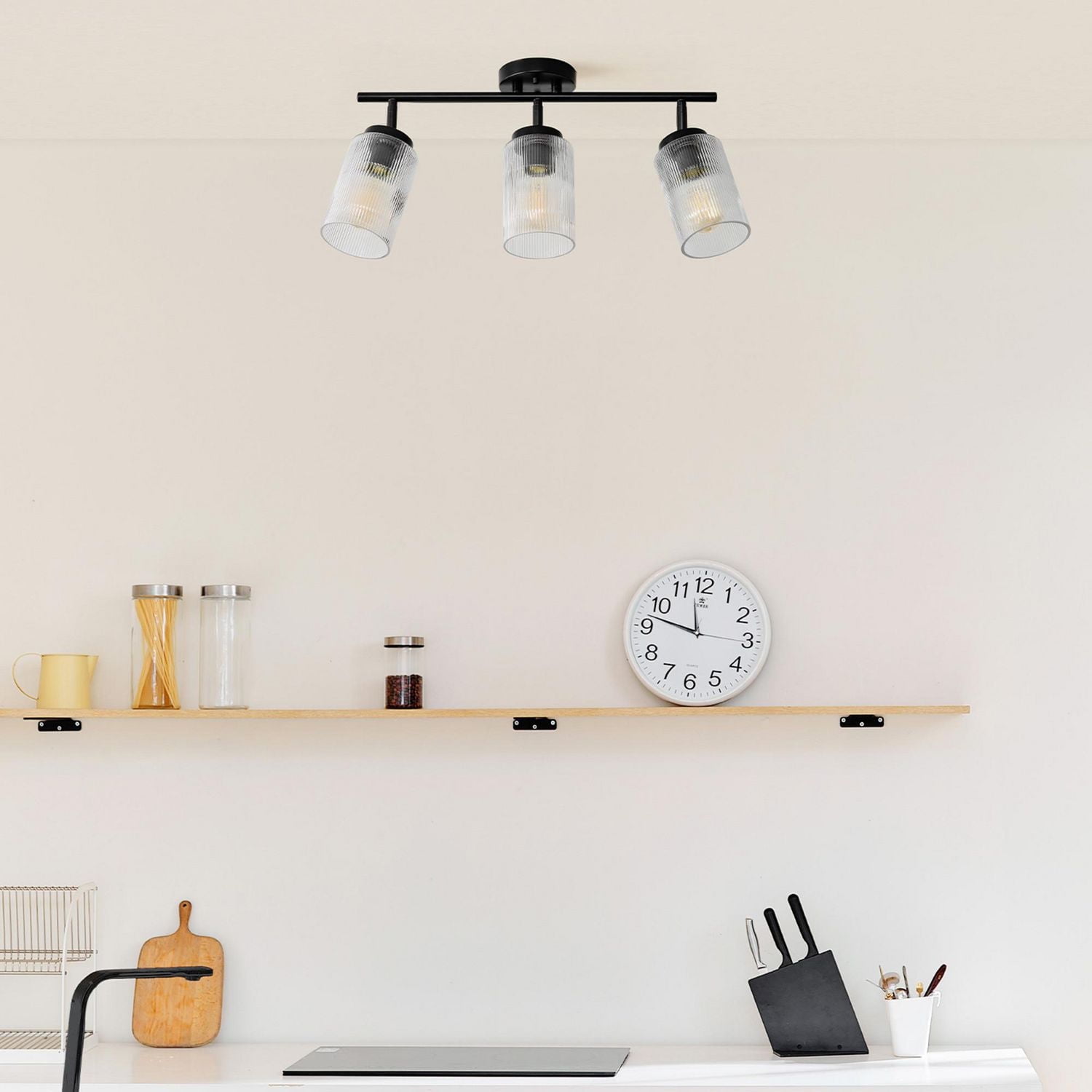 3-Light Matte Black Track Lighting with Ribbed Glass Shades and Pivoting Track Heads