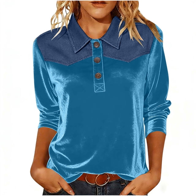 Camisetas de Manga Larga de Negocios Casual para las Mujeres Slim-Fitting Gold Velvet Denim Patchwork Pullover, Camisetas de Manga Larga de las Señoras para el Trabajo Diario de la Oficina