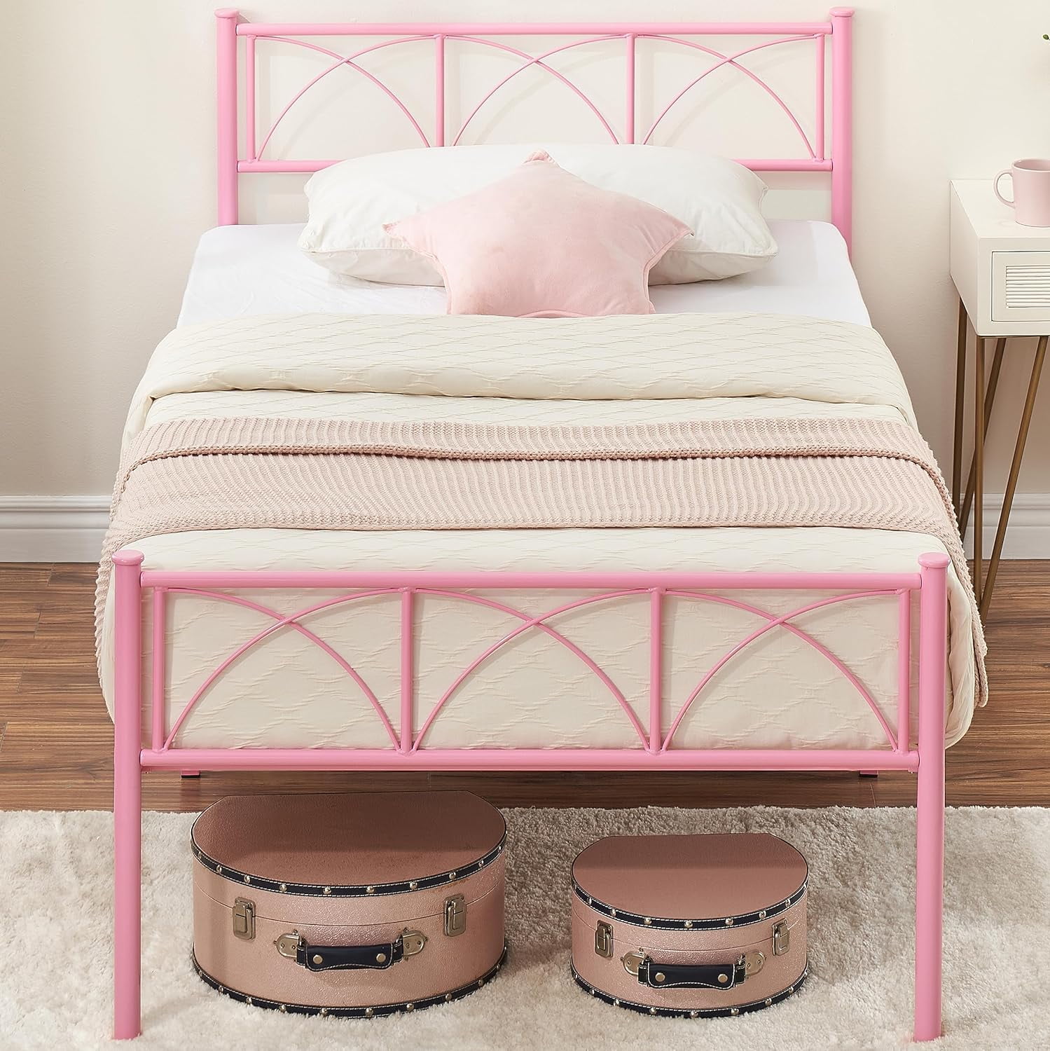 Pink Twin Bed Frame for Girls,Metal Platform Bed Frame with Headboard and Footboard,Under Bed Storage,Firm Support Structure,No Box Spring Needed,Simple Assembly