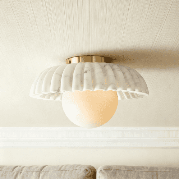 Vintage Luxury White Marble Flush Mount Ceiling Light Fixture,Elegant Ceiling Lamp for Living Room and Bedroom with Glass Globe Shade