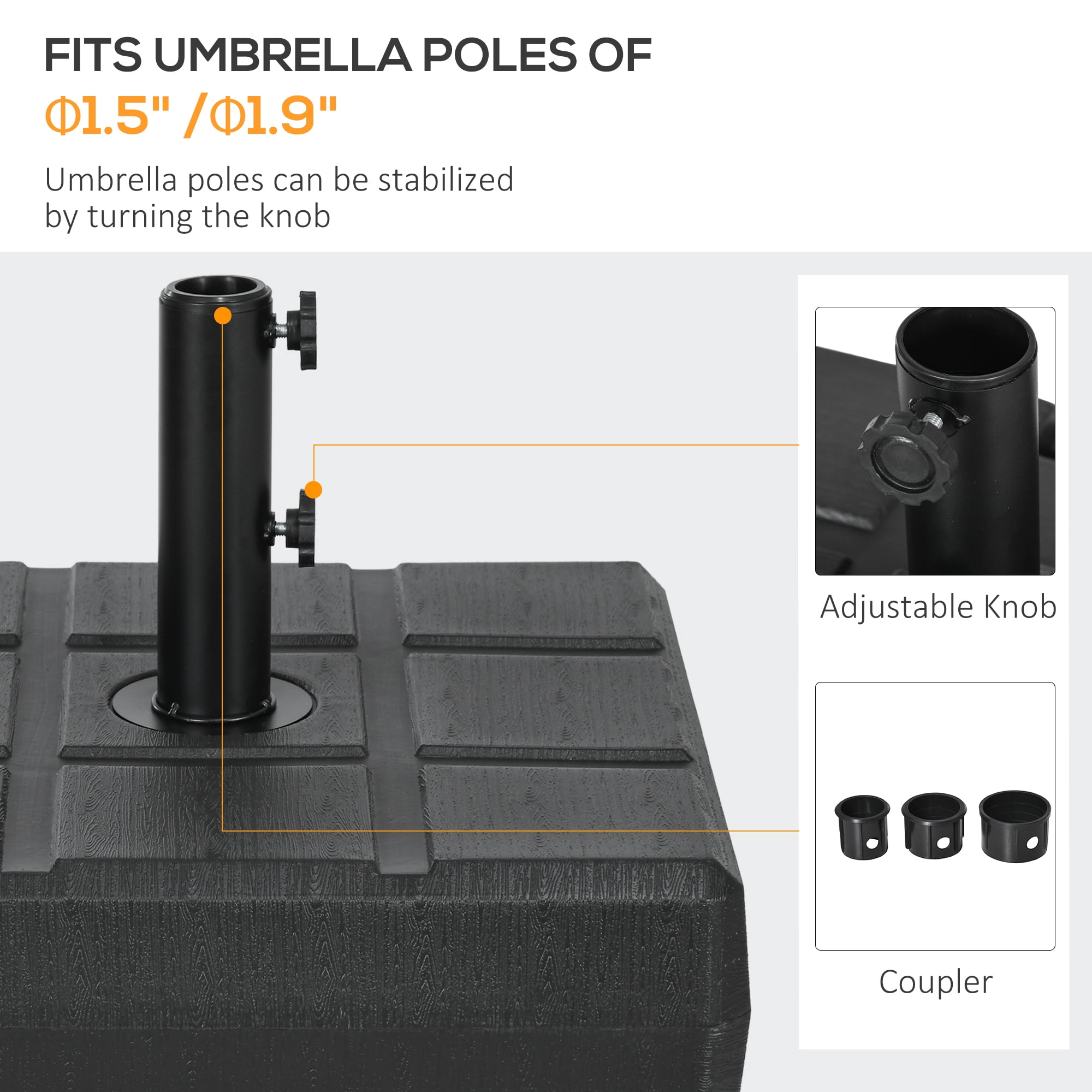 Umbrella Stand for 1.5", or 1.9" Umbrella Poles, Fillable Umbrella Base, Black
