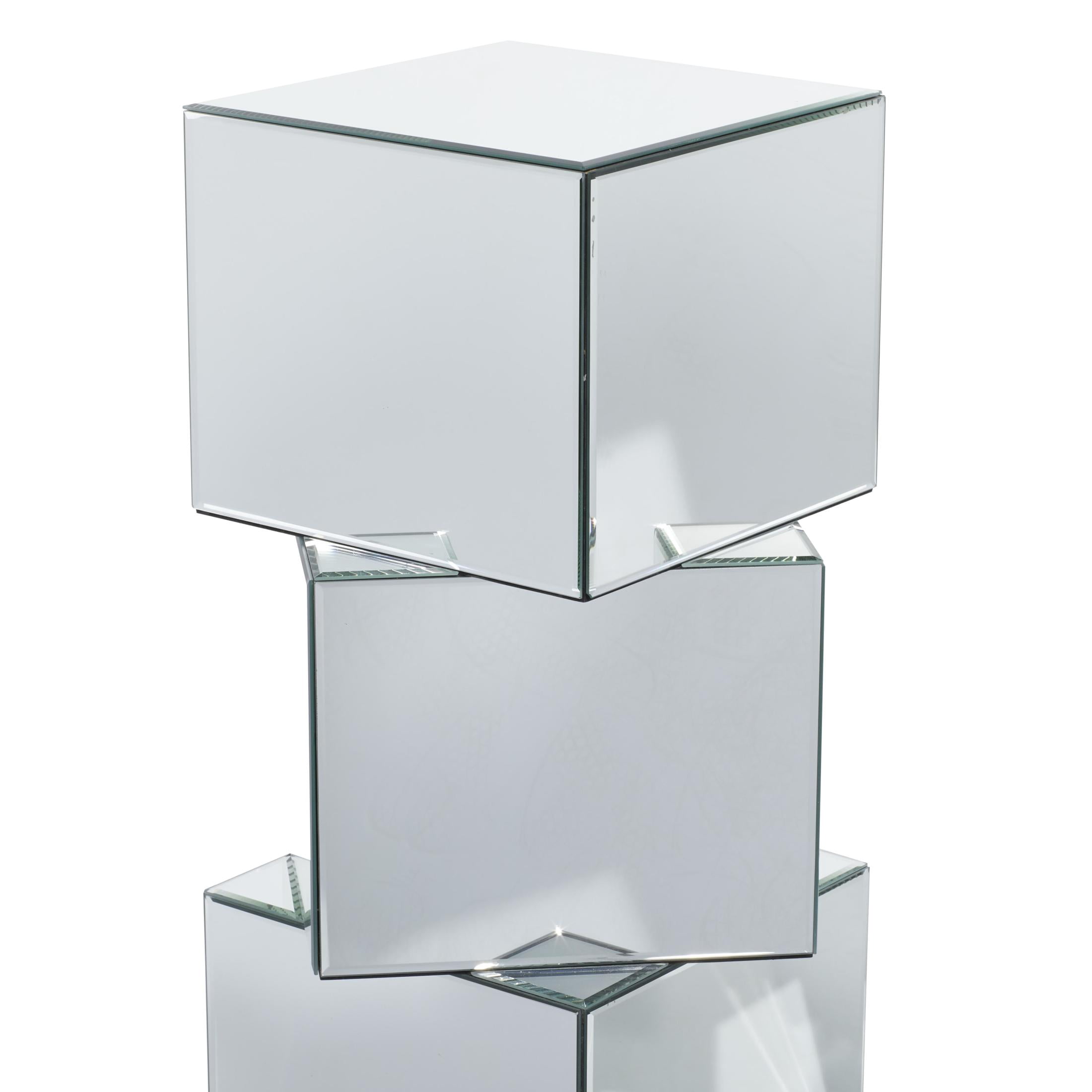 DecMode 15" x 30" Silver Glass Mirrored Stacked Cube Pedestal Table with Glass Front Panels, 1-Piece