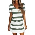 thumbnail image 1 of Women Striped Contrast Color Short Sleeves Tie Waist Mini Dress with Pocket, 1 of 2