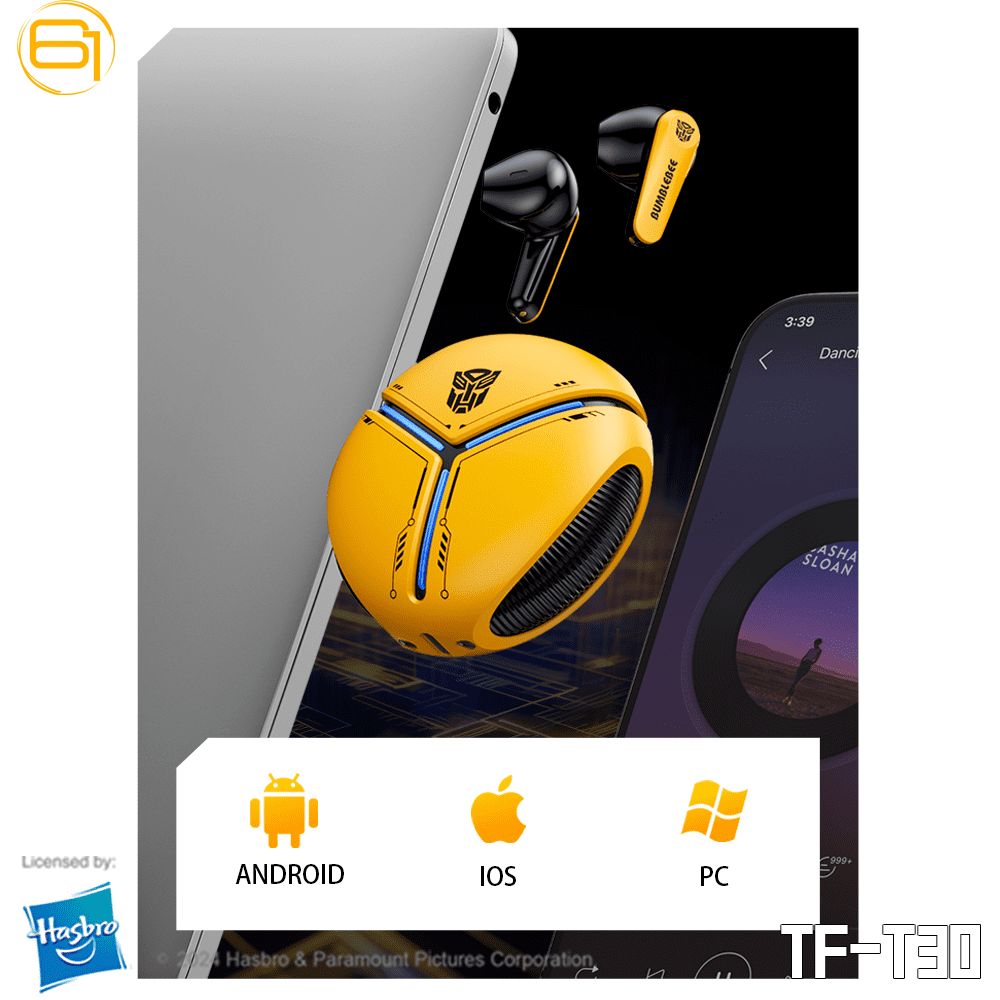 Transformers TF-T30 Bluetooth TWS Wireless Earbuds with Energy Core Design Passive Noise Cancelling Semi-In-Ear Cool HiFi HD Calling Music Game Modes Low Latency Sports Earphones – Yellow Bumblebee