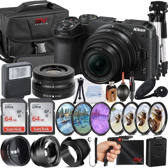Nikon Z30 Mirrorless Camera with 16-50mm Lens   64GB Memory Card   Pistol Grip Tripod   SV Premium Accessory Bundle (International Version)
