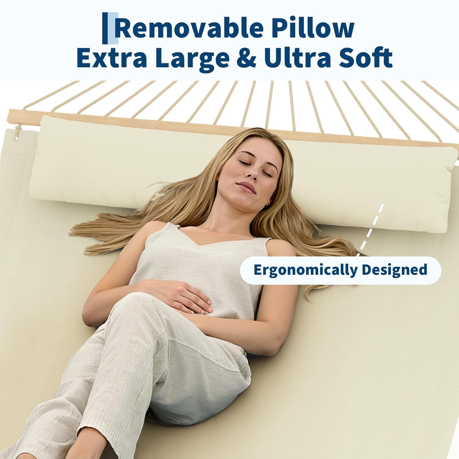 IdealHouse Comfortable 2 Person Quilted Hammock with Hardwood Spreader Bars & Pillow – 450lbs Capacity – Ideal for Patio, Backyard, or Poolside – Double Outdoor Hammock – Beige