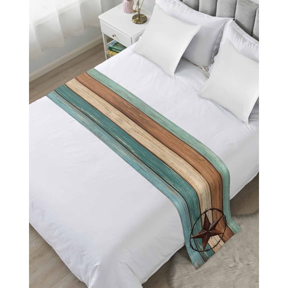 Xipuska Vintage Teal Bed Runners for King Size Bed, Decorative Bed Throws for Foot of Bed, Brown Western Texas Barn Star Wood Grain Bed Runner Sofa Throw Bedding Scarf Protector Slipcover for Bedroom