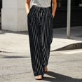 thumbnail image 3 of Staron Women's Casual Pants Loose Wide Leg Drawstring Trousers Striped Elastic Waist with Pockets Comfy Relaxed Lounge Pants, Black L, 3 of 7