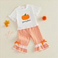 thumbnail image 4 of HCNTES Baby Girl Clothes Toddler Baby Girl Halloween Clothes 6 12 18 24 Month 2T 3T 4T Letters Pumpkin Embroidery Ruffled Trim Crew Neck Short Sleeve Tops and Plaid Gingham Pants 2 Pcs Outfit Set, 4 of 9