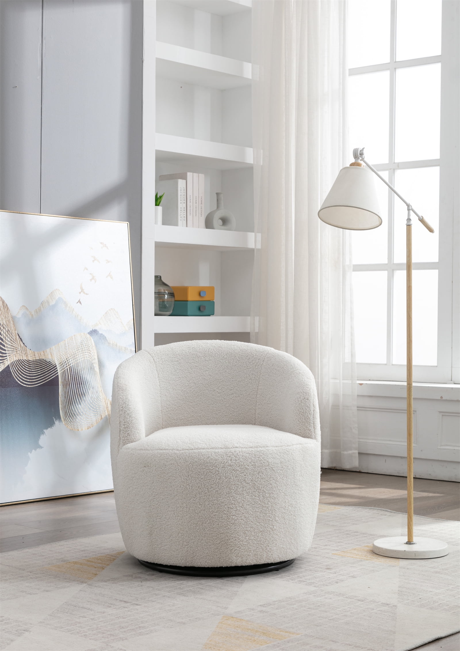 Swivel Barrel Chair, Modern Teddy Fabric Upholstered Accent Club Armchair with Metal Swivel Ring, Comfy Round Single Leisure Sofa Chair for Living Room Bedroom Office Coffee Shop, Ivory