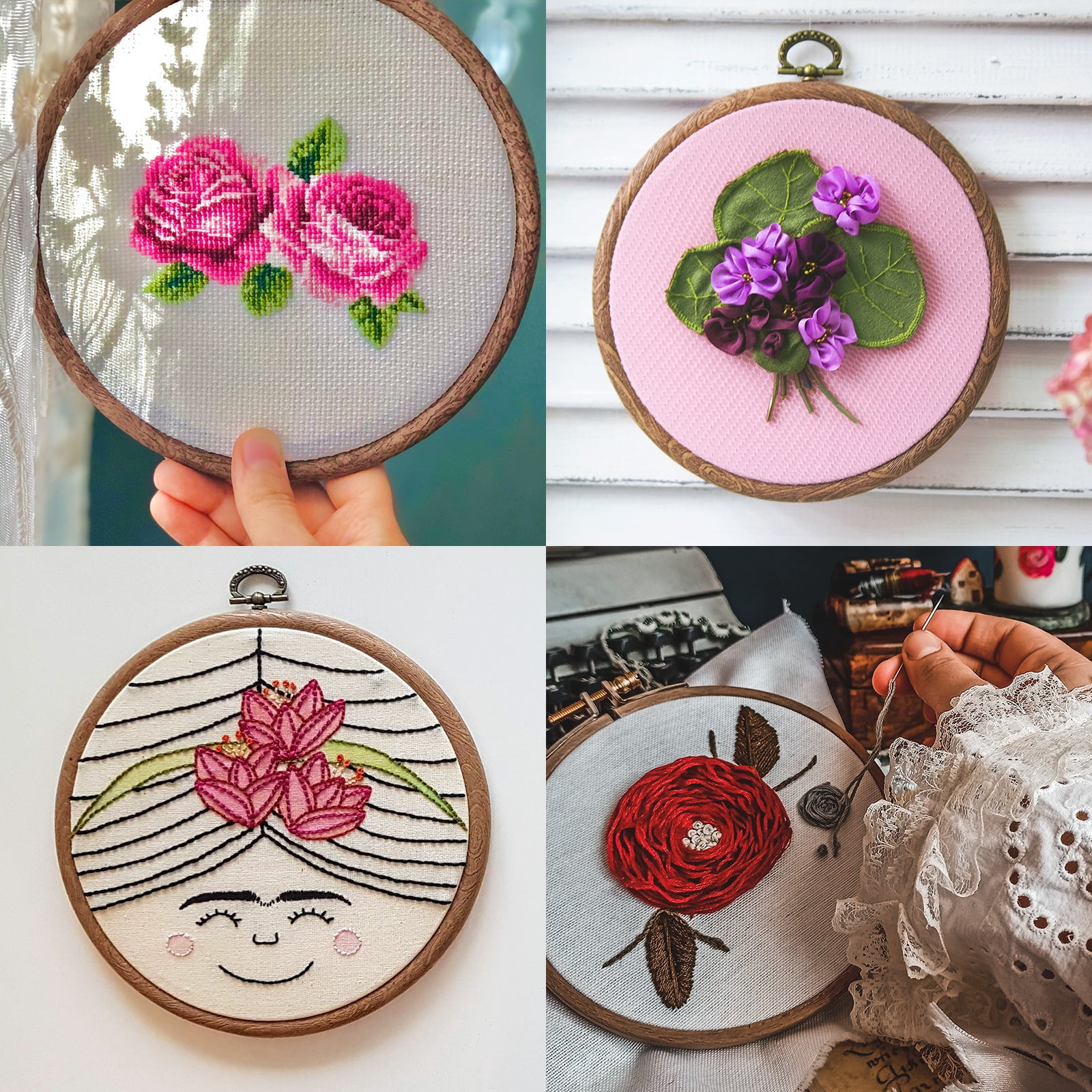 5 Pcs Embroidery Hoop Frame, Imitated Wood Round Cross Stitch Hoops with Metal Ring for Embroidery DIY Craft Sewing Wall Decor (5.12 Inch White & Brown)