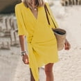 thumbnail image 3 of JUNWELL Robe d'Été Décontractée en Coton Lin Couleur Unie Mini Robe Femme Col en V Lacée Robe Ligne A Élégante Simple Manches Mi-Longues Plage Ample, 3 of 6