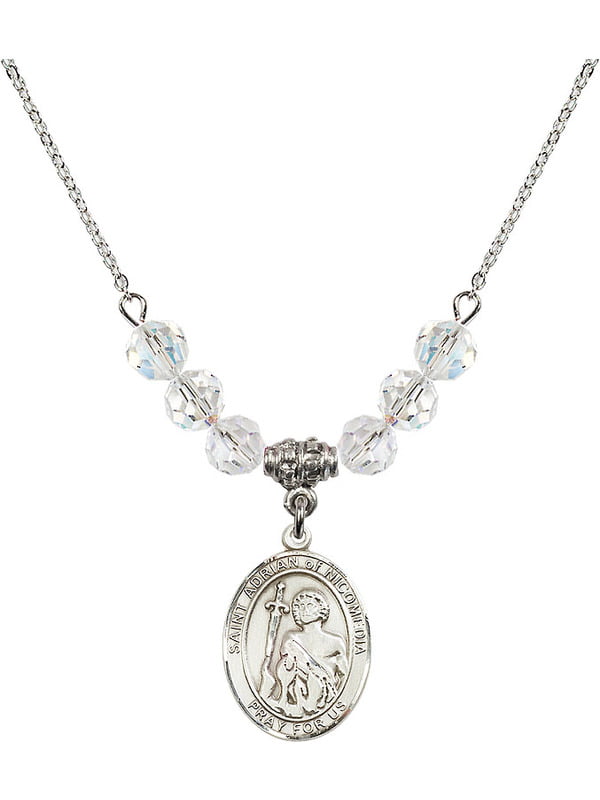 18-Inch Rhodium Plated Necklace with 6mm Emerald Birthstone Beads and Sterling Silver Saint Adrian of Nicomedia Charm.