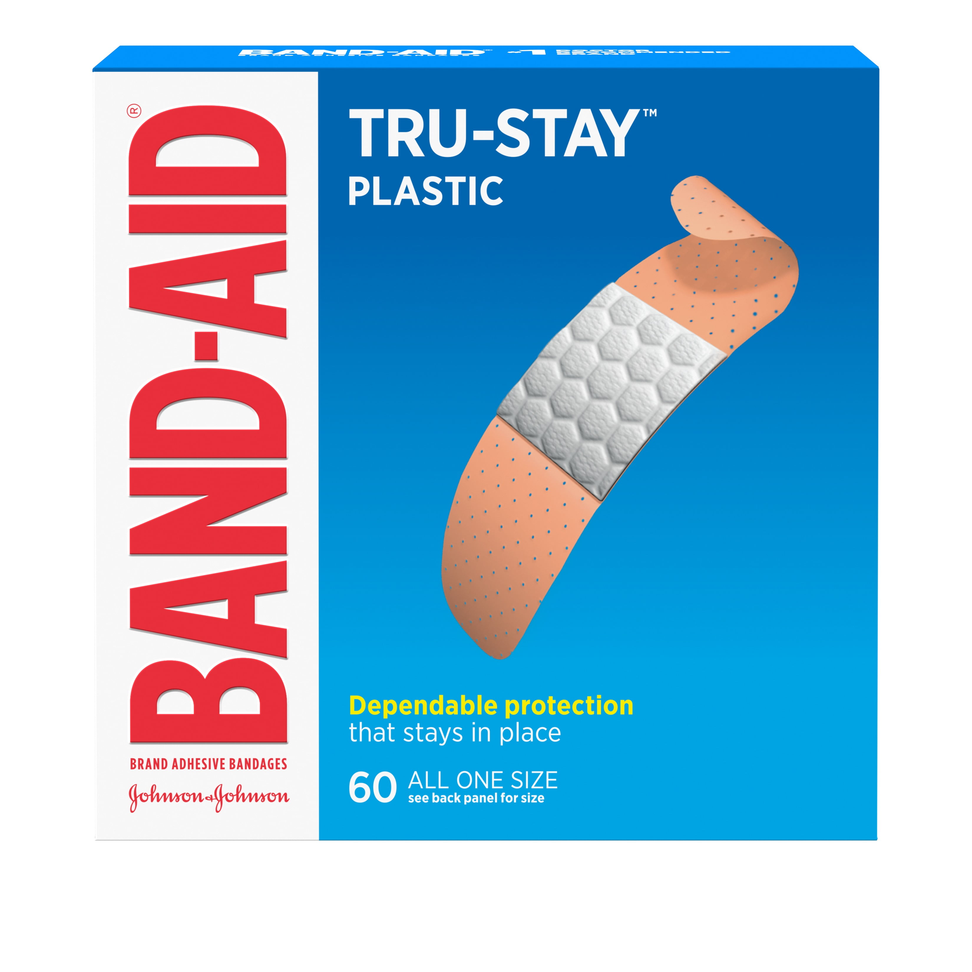 Band-Aid Brand Tru-Stay Plastic Strips Adhesive Bandages, All One Size, 60 ct (Pack of 2)