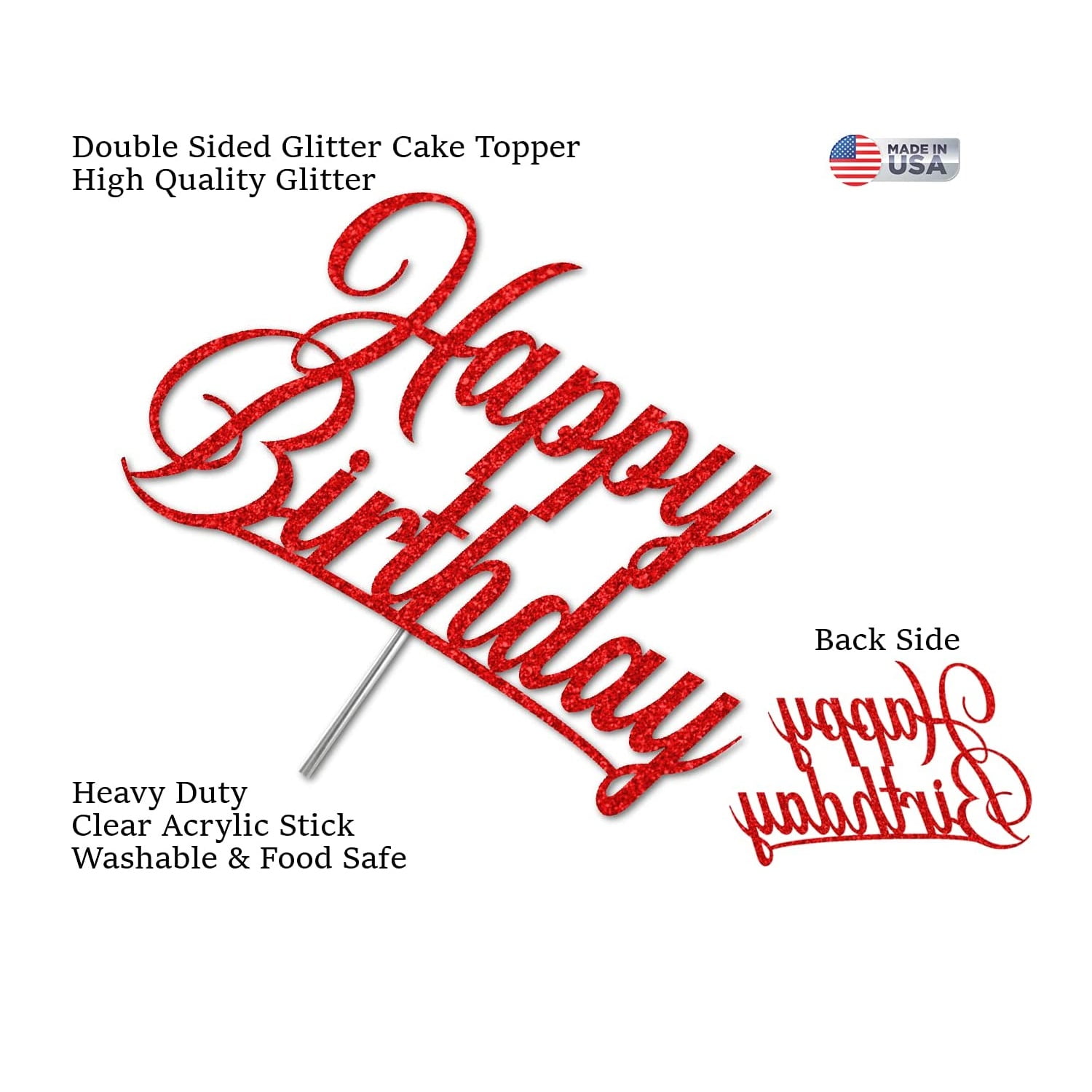 Happy Birthday Glitter Cake Topper, Birthday Party Decorations Ideas,  Premium Quality Decoration, Sturdy Doubled Sided Glitter, Acrylic Stick.  Made in