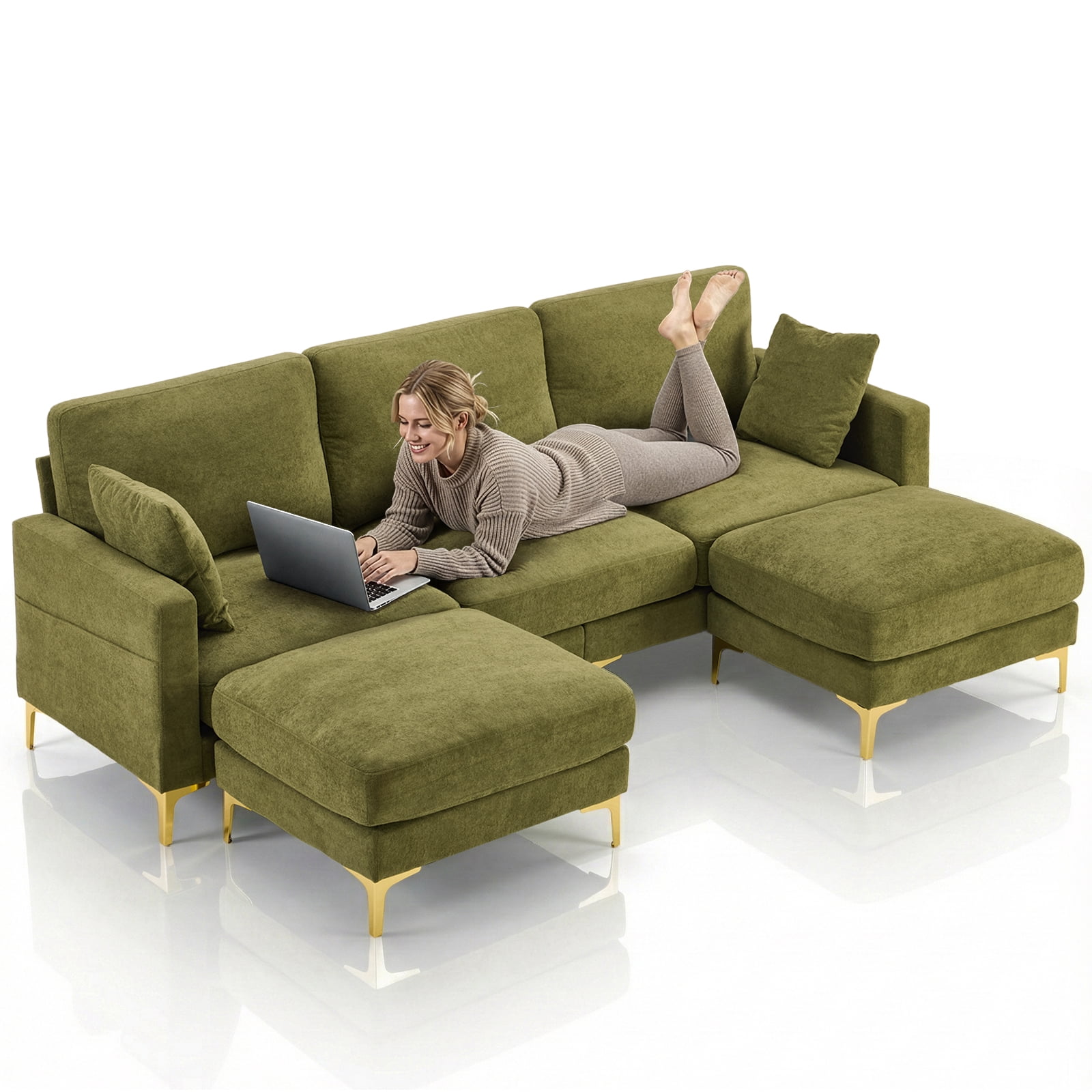 Ktaxon U-Shaped Sofa with 2 Removeable Ottoman Footrests, Flannel Deep Seating Couch for 3, Converts to Sleeper for Bedroom Living Room Furniture Green
