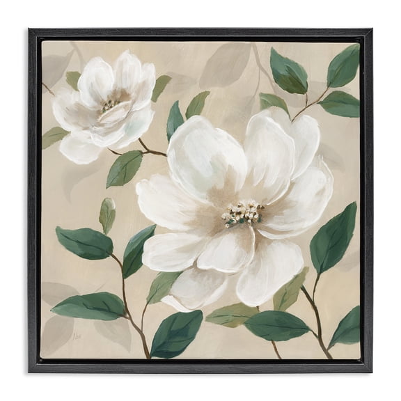 Stupell Industries Shabby Chic Serene White Blossom with Leaves Black Floating Frame Canvas Art, 18 x 18, by Nan