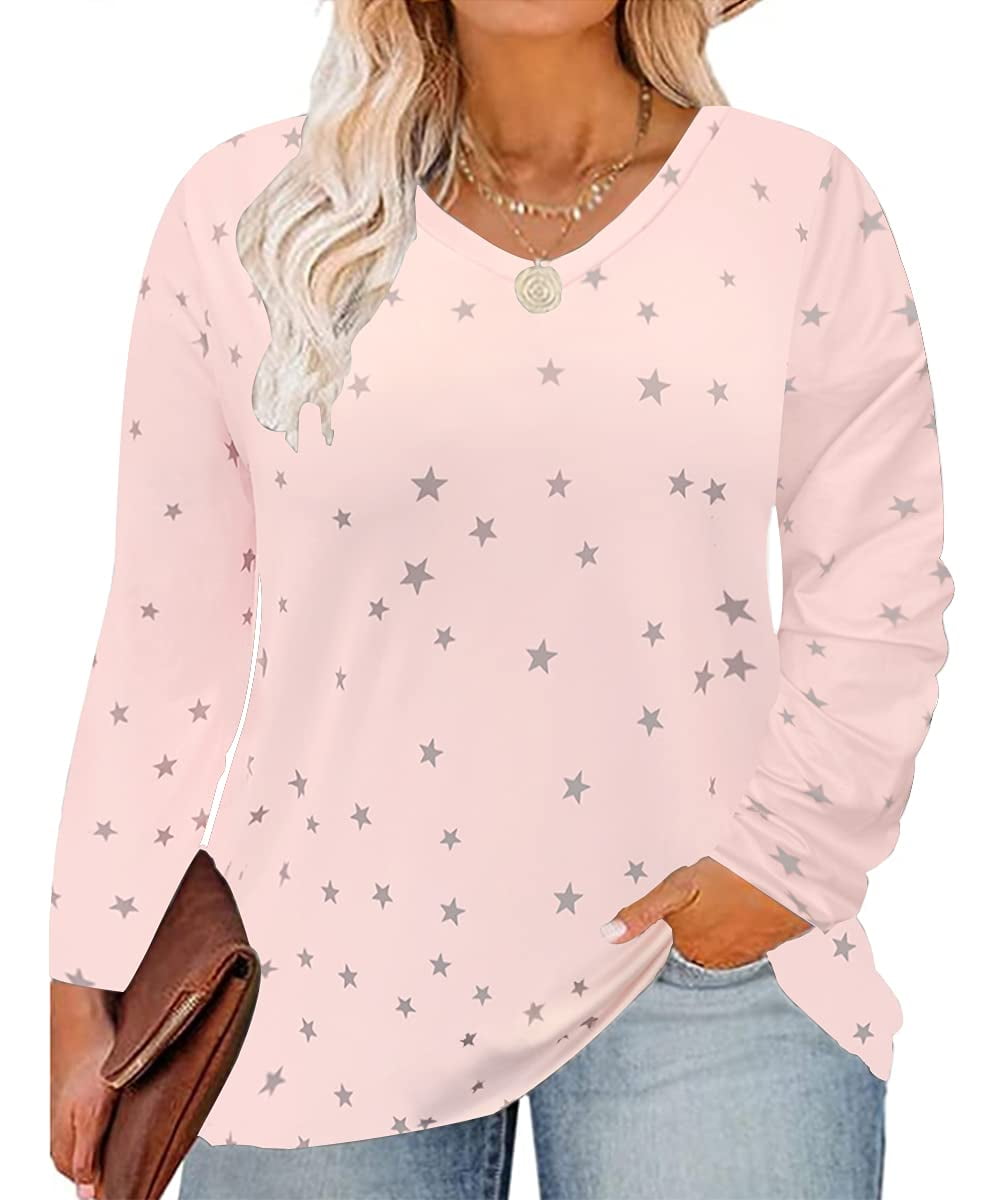 TIYOMI Plus Size Tops For Women V Neck T Shirt Long Sleeve Casual Blouses Loose Fit Tee Fall Winter Pullover Tie Dye/Leopard/Floral/Star/Camo/Solid Color/Grid (XL-5XL)