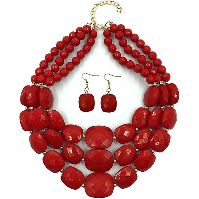 Collares llamativos con cuentas de 3 capas para mujer, collar de cuentas rojas acrílicas hecho a mano, collar grueso bohemio, joyería de disfraz