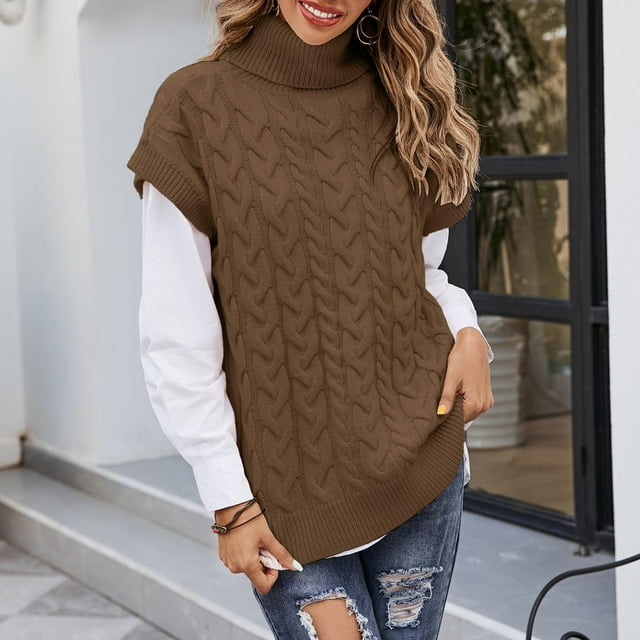 Gilet Pull pour Femmes, Pull Col Roulé Femmes, Sans Manches Col Montant Tricoté Pull Haut