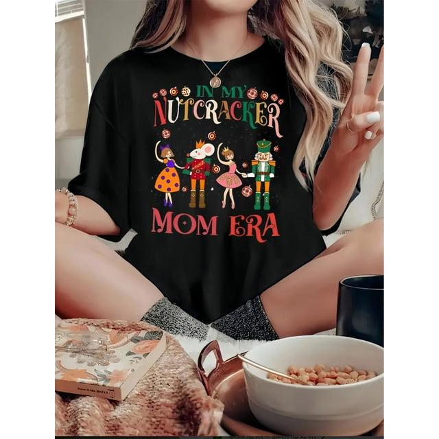 1pc Women'S Casual Crew Neck T-Shirt with Colorful Fairy Tale Characters Print, Polyester Knit Fabric with Medium Stretch, Geometric Pattern, Fashionable Short Sleeve Top for All Seasons