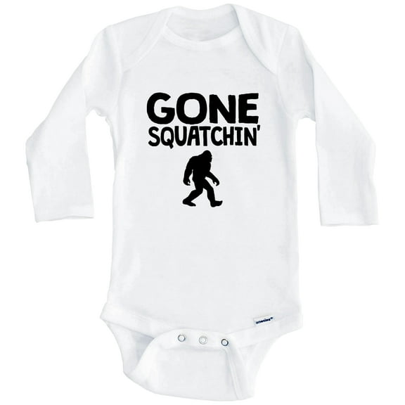 Gone Squatchin' Sasquatch Funny Bigfoot One Piece Baby Bodysuit (Long Sleeve), 6-9 Months White