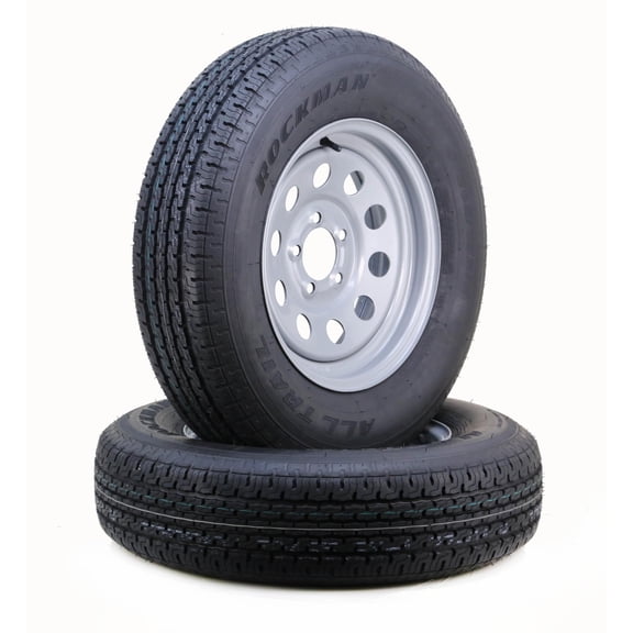 ROCKMAN Trailer Tire Wheel Assembly ST205/75R15 8-Ply D 107M 5 Lug on 4.5" PCD Silver Mod Rim,SET 2