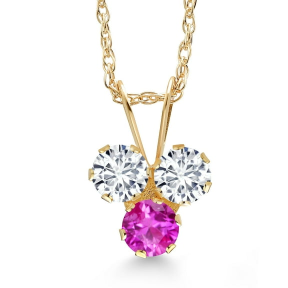 Gem Stone King 14K Yellow Gold White Lab Grown Diamond and Pink Sapphire 3-Stone Pendant Necklace for Women (0.33 Cttw, Gemstone April Birthstone, Round 3MM, 18 inch Chain)