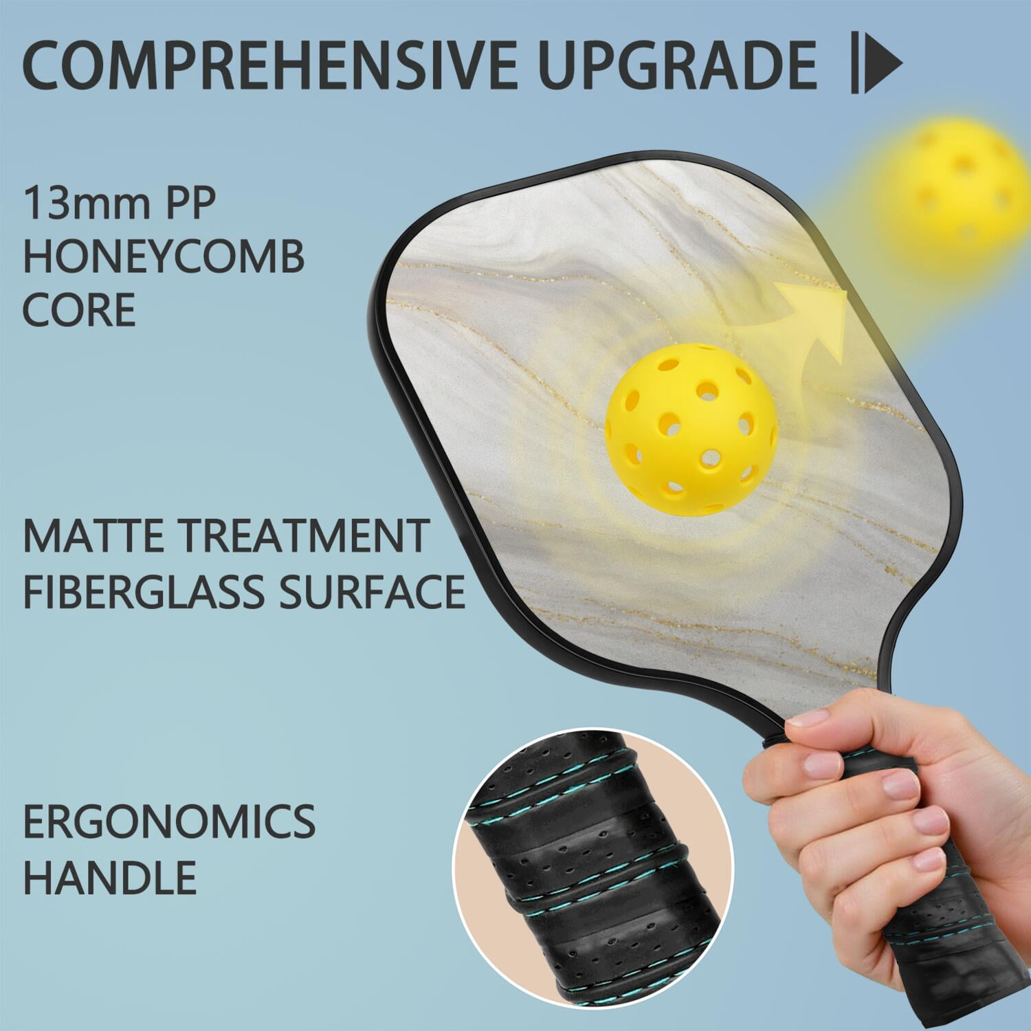 Pickleball Paddles Set Of 1, Fiberglass Surface, Turquoise Marble Pattern, 1 Paddle, 2 Balls & Bag