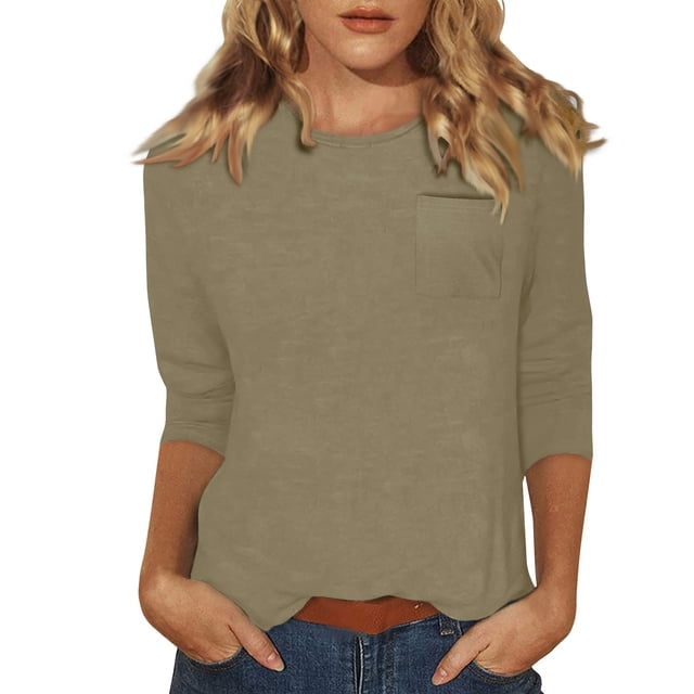 DENGDENG Hauts pour Femmes Manches 3/4 Coton Liquidation T-Shirts d'Été Tendance Col Rond Blouse Mignonne Tunique Trois Quarts Mode 2025 Chandail avec Poche Kaki 3TG